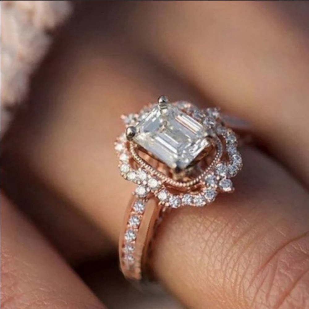 NEWπ18K Strawberry Rose Gold Diamond Halo Ring - Picture 1 of 6